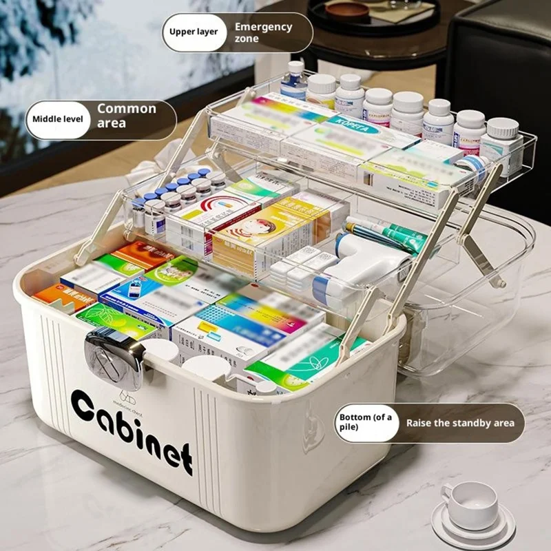 3-lagiges Medikamentenbox mit großer Kapazität, mehrschichtiger medizinischer Aufbewahrungsschrank, transparente Erste-Hilfe-Box mit Griff und Schloss zur Organisation zu Hause