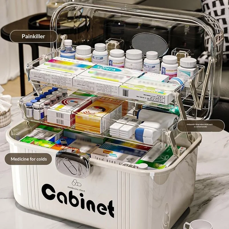 3-lagiges Medikamentenbox mit großer Kapazität, mehrschichtiger medizinischer Aufbewahrungsschrank, transparente Erste-Hilfe-Box mit Griff und Schloss zur Organisation zu Hause