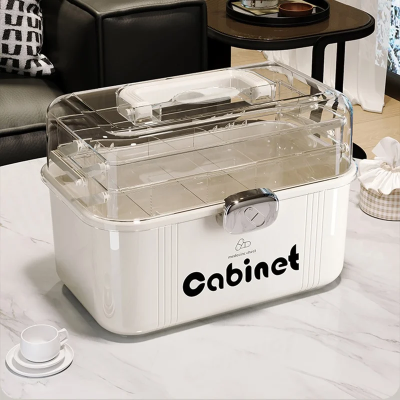 3-lagiges Medikamentenbox mit großer Kapazität, mehrschichtiger medizinischer Aufbewahrungsschrank, transparente Erste-Hilfe-Box mit Griff und Schloss zur Organisation zu Hause