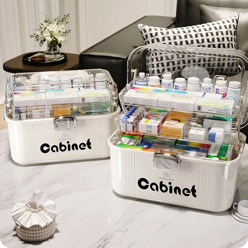 3-lagiges Medikamentenbox mit großer Kapazität, mehrschichtiger medizinischer Aufbewahrungsschrank, transparente Erste-Hilfe-Box mit Griff und Schloss zur Organisation zu Hause