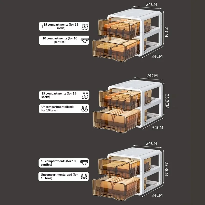 2-Schicht-Schubladenorganizer mit Fächern, Unterwäscheaufbewahrung für Socken, BHs - 10 Fächer / Ohne Fachunterteilung