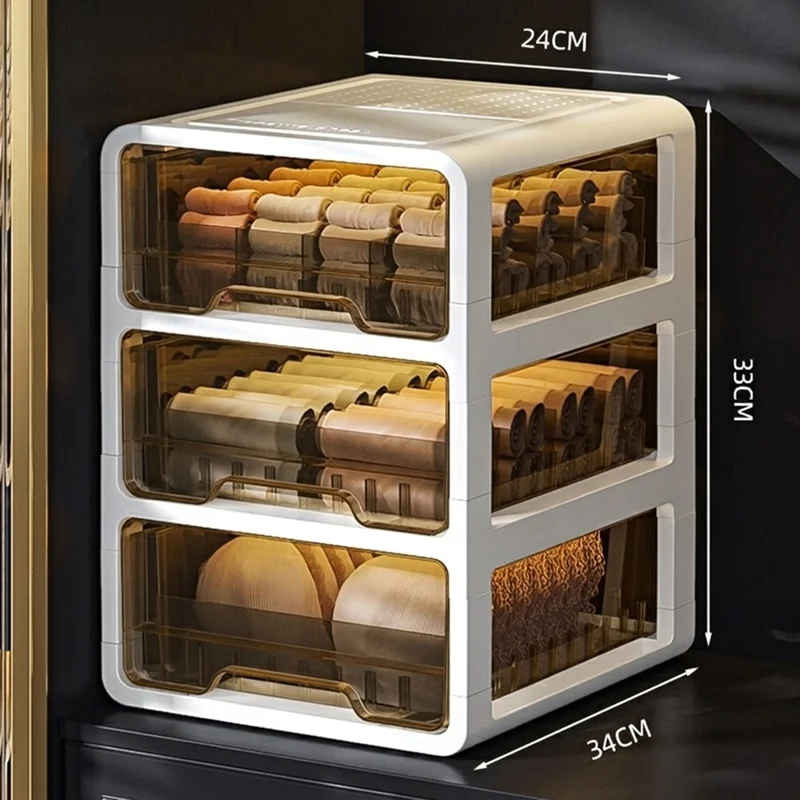 Ящик для хранения белья выдвижной, 3 яруса, 34x24x33 см, секционный, пылезащитный органайзер для носков, для шкафа