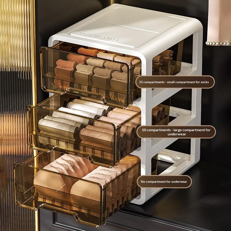 Ящик для хранения белья выдвижной, 3 яруса, 34x24x33 см, секционный, пылезащитный органайзер для носков, для шкафа