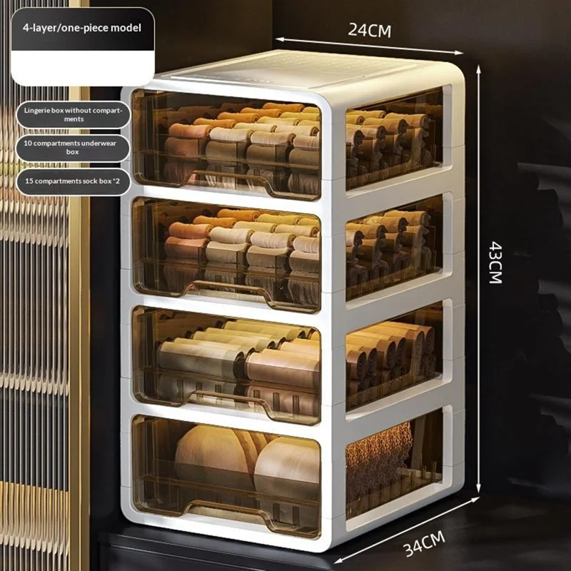 Scatola Organizzatore a 4 Strati con Cassetti, Contenitore per la Conservazione di Intimo e Calzini, Semi-trasparente e Compartimentato per la Camera da Letto