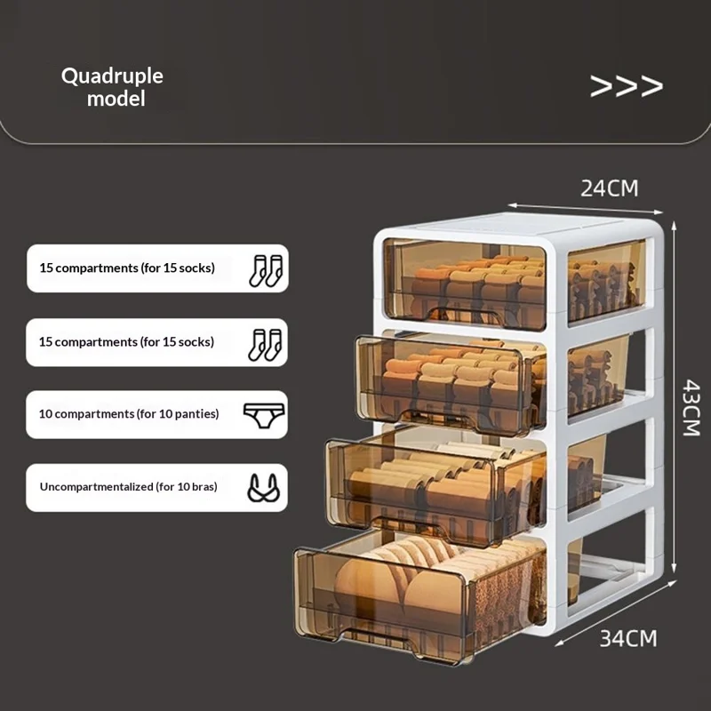 Scatola Organizzatore a 4 Strati con Cassetti, Contenitore per la Conservazione di Intimo e Calzini, Semi-trasparente e Compartimentato per la Camera da Letto