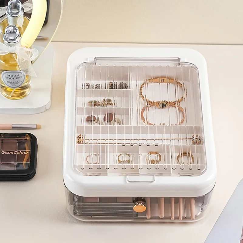 Doppio Strato Lusso Trasparente Gioielli Box Coperchio Scorrevole Scomparto Anello Orecchino Box Porta Trucchi - Bianco