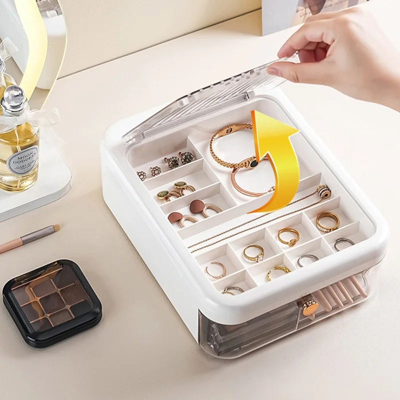 Doppio Strato Lusso Trasparente Gioielli Box Coperchio Scorrevole Scomparto Anello Orecchino Box Porta Trucchi - Bianco