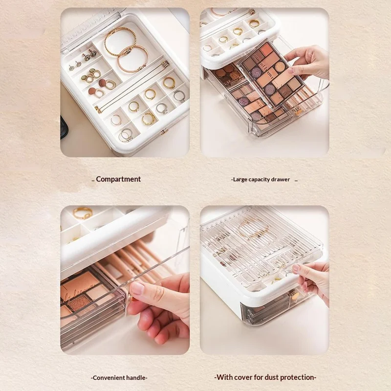 Doppio Strato Lusso Trasparente Gioielli Box Coperchio Scorrevole Scomparto Anello Orecchino Box Porta Trucchi - Bianco
