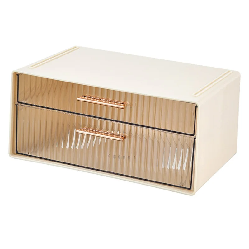 Scatola Organizzatore da Scrivania a 2 Livelli con Cassetti Doppi, Scatola Portaoggetti per Ufficio, Organizzazione per Cancelleria - Beige