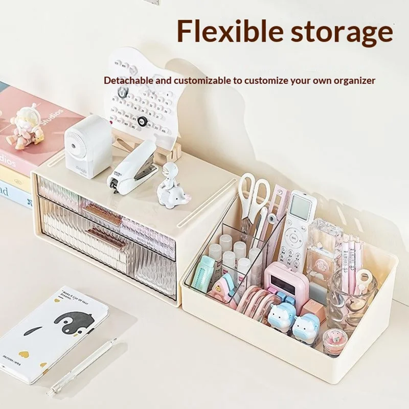 Scatola Organizzatore da Scrivania a 2 Livelli con Cassetti Doppi, Scatola Portaoggetti per Ufficio, Organizzazione per Cancelleria - Beige