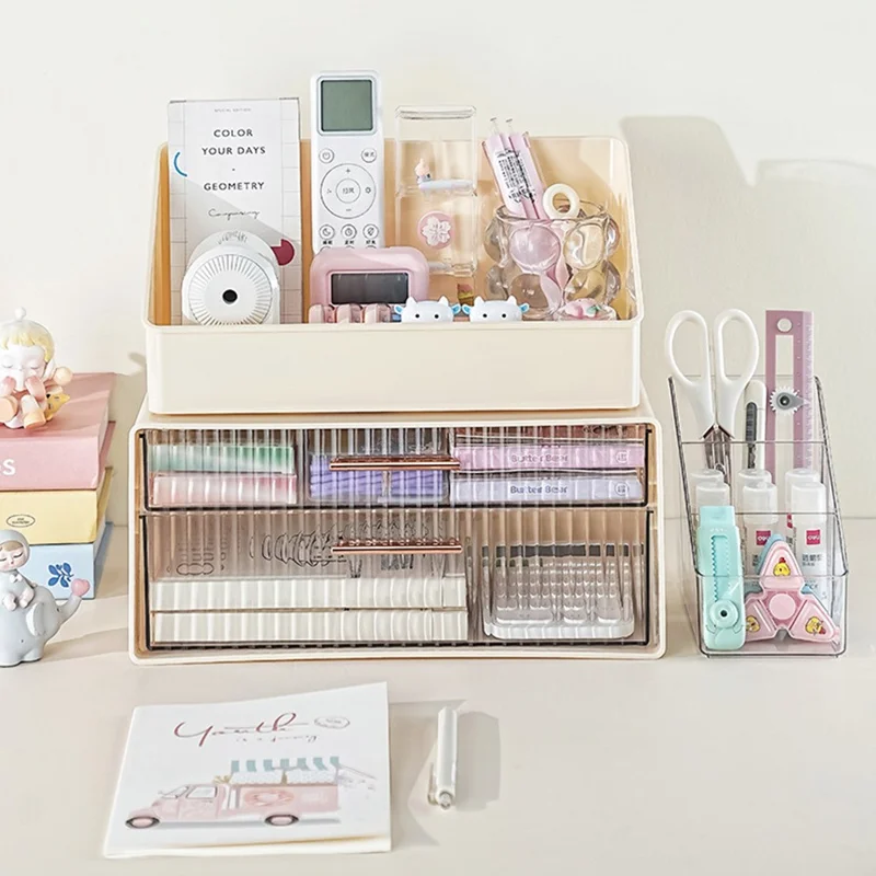 Креативная трапециевидная стойка для хранения и набор из двухъярусной коробки для хранения, настольный органайзер, держатель для ручек, контейнер для офиса и учебы — бежевый
