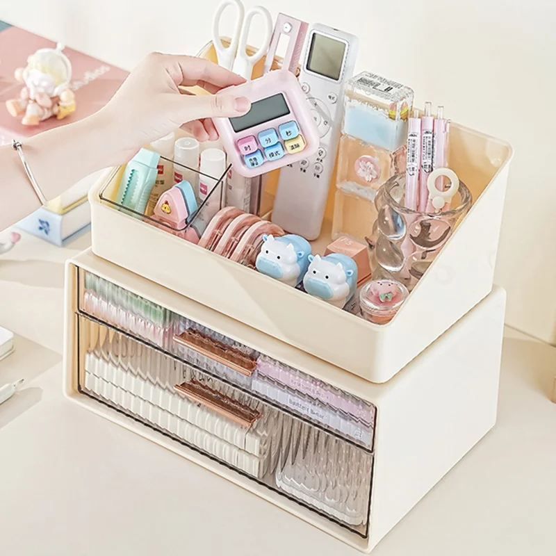 Креативная трапециевидная стойка для хранения и набор из двухъярусной коробки для хранения, настольный органайзер, держатель для ручек, контейнер для офиса и учебы — бежевый