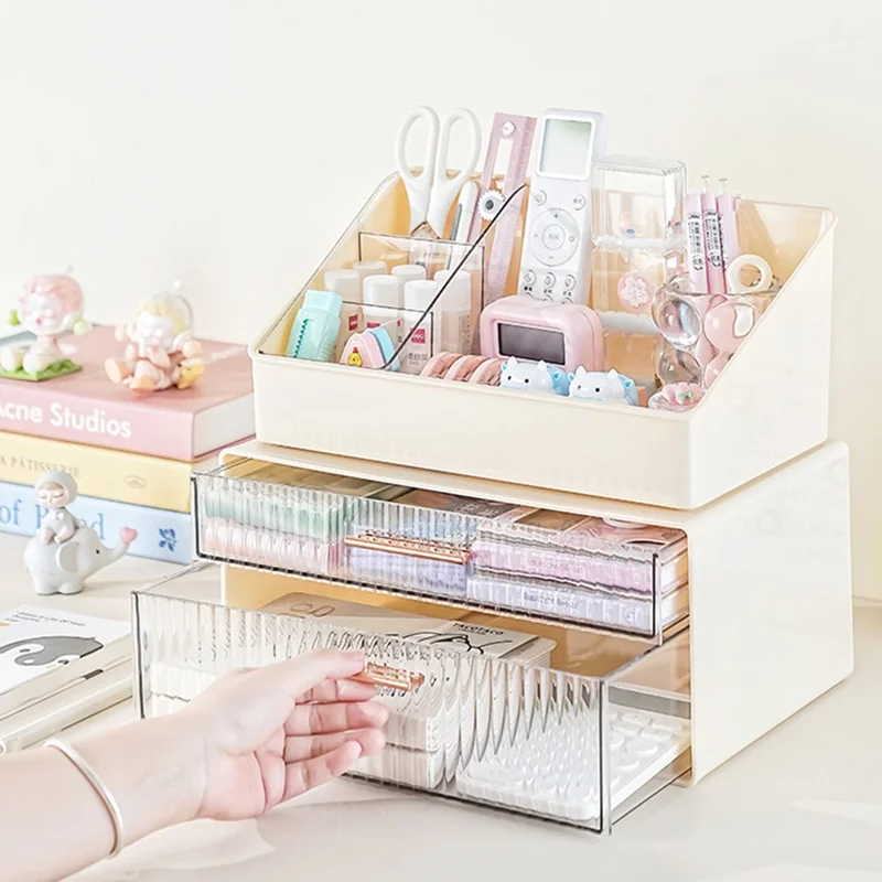 Креативная трапециевидная стойка для хранения и набор из двухъярусной коробки для хранения, настольный органайзер, держатель для ручек, контейнер для офиса и учебы — бежевый