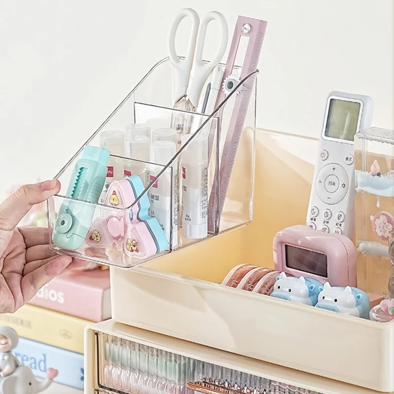 Креативная трапециевидная стойка для хранения и набор из двухъярусной коробки для хранения, настольный органайзер, держатель для ручек, контейнер для офиса и учебы — бежевый