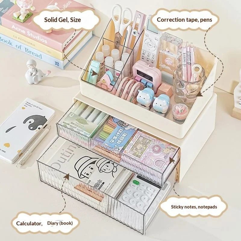 Креативная трапециевидная стойка для хранения и набор из двухъярусной коробки для хранения, настольный органайзер, держатель для ручек, контейнер для офиса и учебы — бежевый