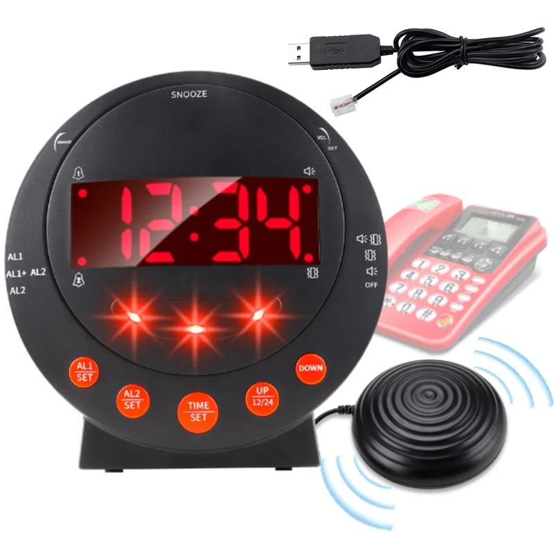TS-BC610 LED Vibrating Flashing Light Loud Alarm Clock Phone Call Reminder for Hearing Impaired - Black