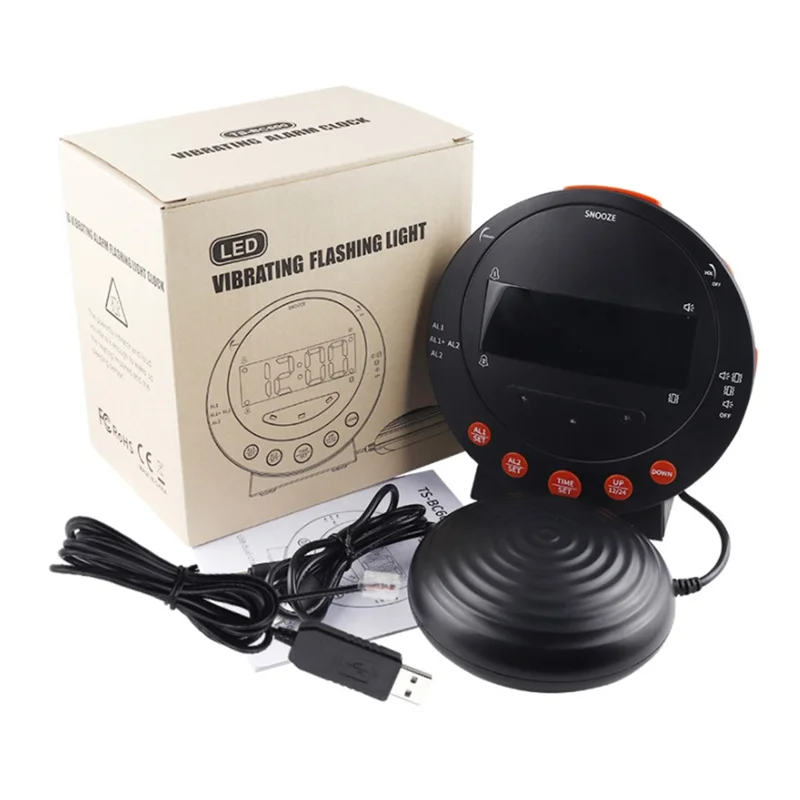 TS-BC610 LED Vibrating Flashing Light Loud Alarm Clock Phone Call Reminder for Hearing Impaired - Black