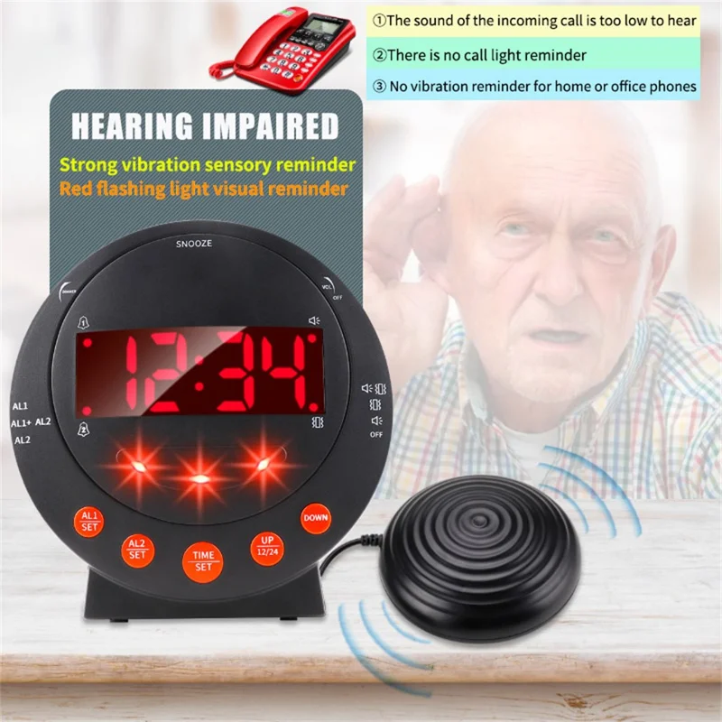 TS-BC610 LED Vibrating Flashing Light Loud Alarm Clock Phone Call Reminder for Hearing Impaired - Black