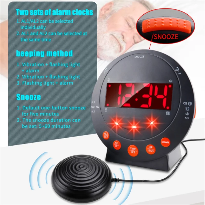 TS-BC610 LED Vibrating Flashing Light Loud Alarm Clock Phone Call Reminder for Hearing Impaired - Black