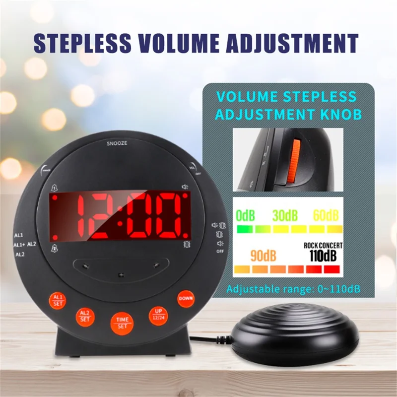 TS-BC610 LED Vibrating Flashing Light Loud Alarm Clock Phone Call Reminder for Hearing Impaired - Black