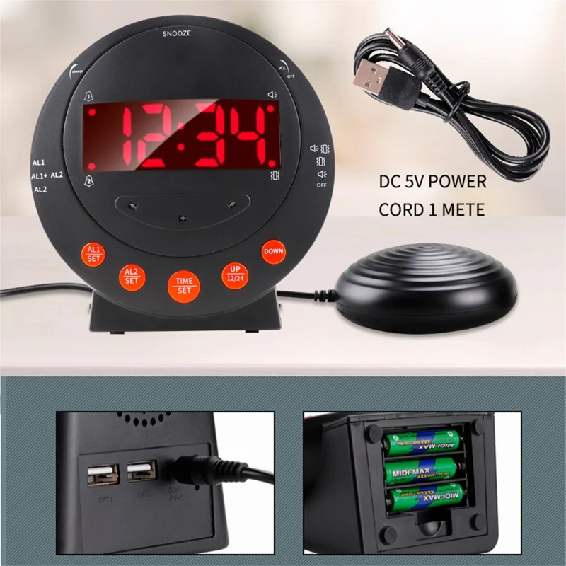 TS-BC610 LED Vibrating Flashing Light Loud Alarm Clock Phone Call Reminder for Hearing Impaired - Black