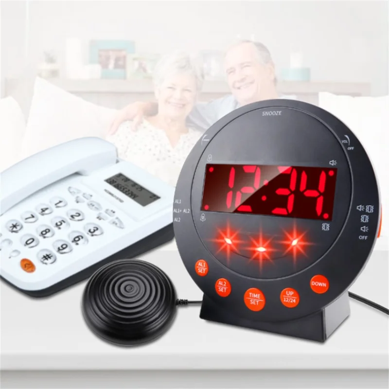 TS-BC610 LED Vibrating Flashing Light Loud Alarm Clock Phone Call Reminder for Hearing Impaired - Black