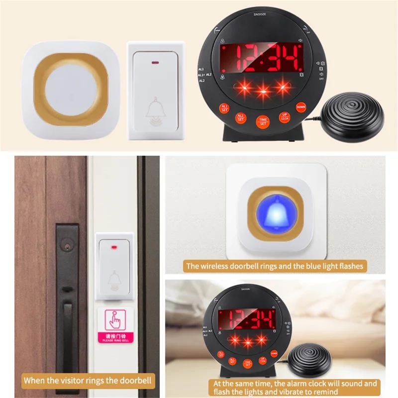TS-BC620 LED Digital Vibrating Alarm Clock with Doorbell Reminder Deafness Hearing Impairment Alarm - Black