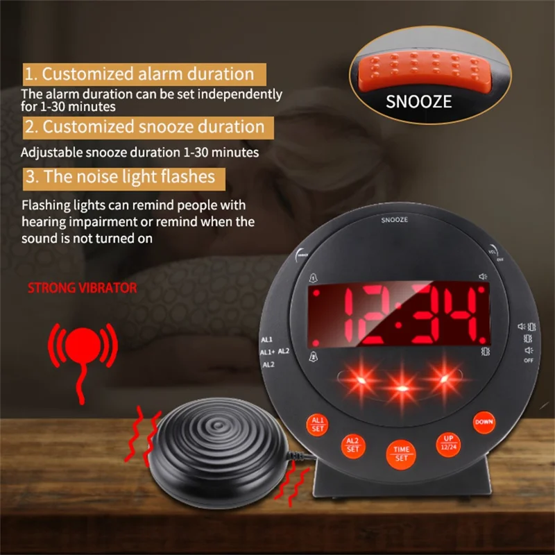 TS-BC620 LED Digital Vibrating Alarm Clock with Doorbell Reminder Deafness Hearing Impairment Alarm - Black