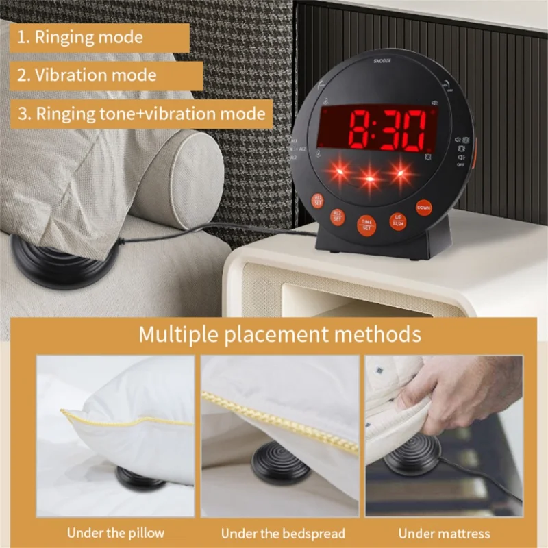 TS-BC620 LED Digital Vibrating Alarm Clock with Doorbell Reminder Deafness Hearing Impairment Alarm - Black