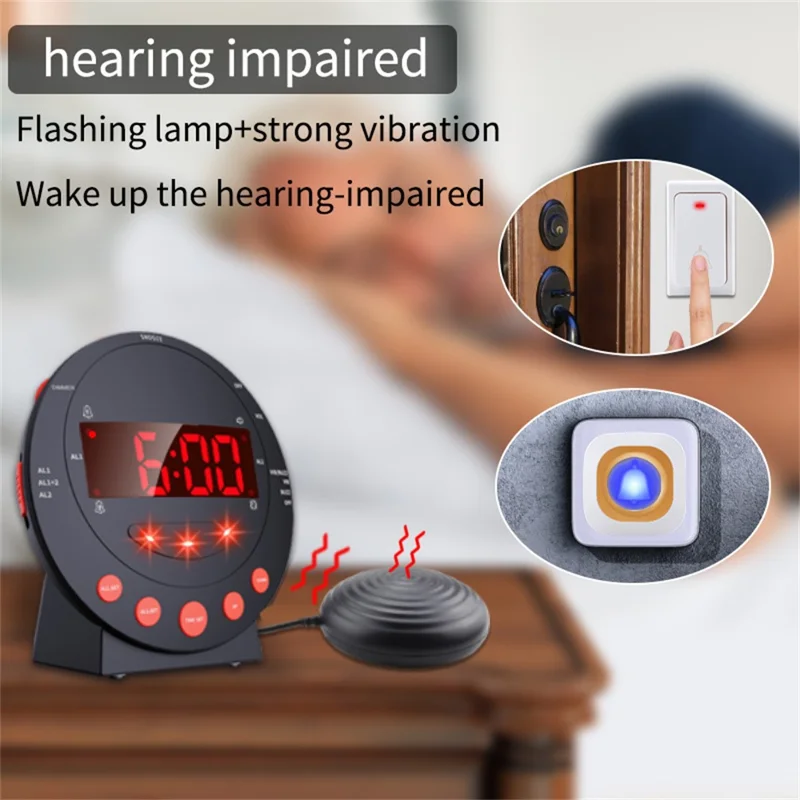 TS-BC620 LED Digital Vibrating Alarm Clock with Doorbell Reminder Deafness Hearing Impairment Alarm - Black
