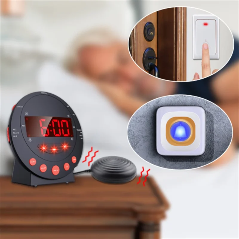 TS-BC620 LED Digital Vibrating Alarm Clock with Doorbell Reminder Deafness Hearing Impairment Alarm - Black