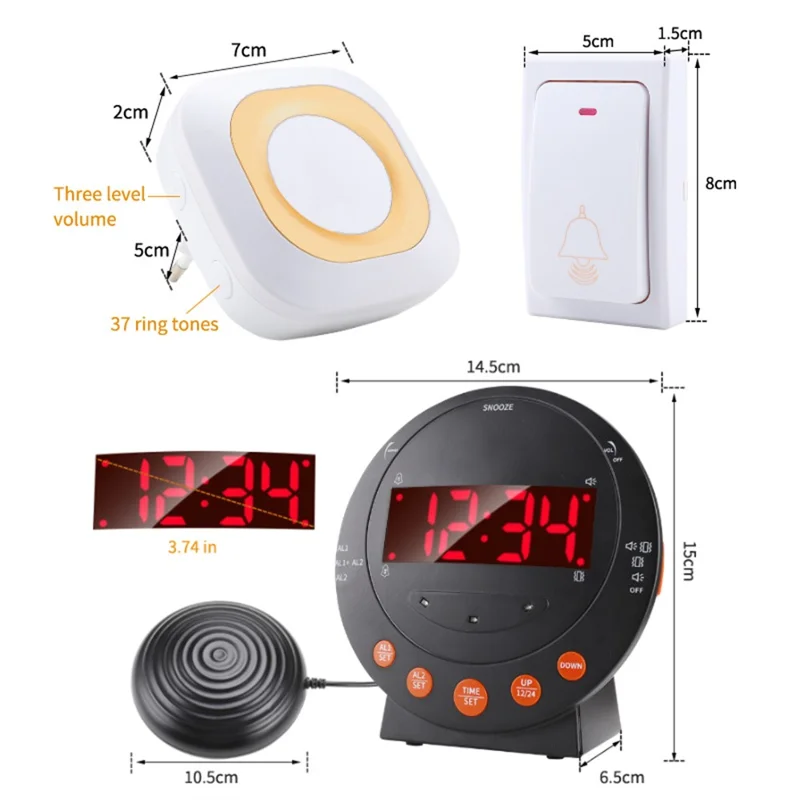 TS-BC620 LED Digital Vibrating Alarm Clock with Doorbell Reminder Deafness Hearing Impairment Alarm - Black