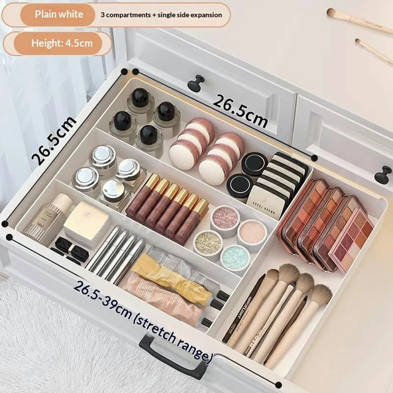 Scatola Organizzatore con 3 Scomparti Espandibile su Un Lato, Bianca, per Cassetti, Scrivania, Cosmetici, Cucina