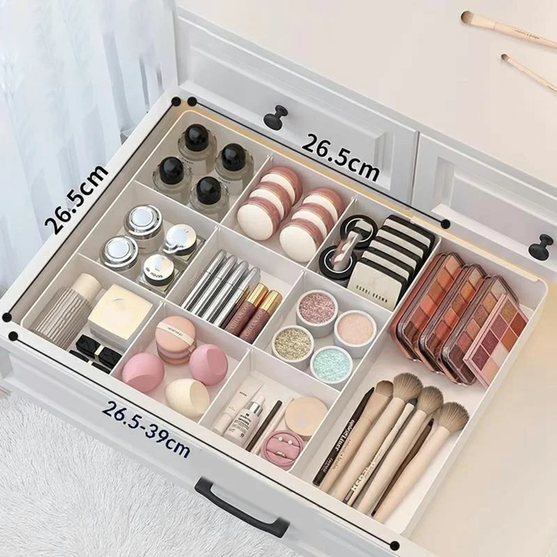 Scatola Organizzatore a 9 Scomparti con Ripiano Espandibile su Un Lato, Vassoio per Cassetti con Divisori Regolabili per Trucchi, Cucina - Bianco