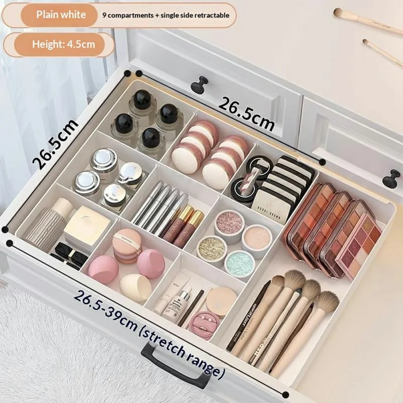 Scatola Organizzatore a 9 Scomparti con Ripiano Espandibile su Un Lato, Vassoio per Cassetti con Divisori Regolabili per Trucchi, Cucina - Bianco