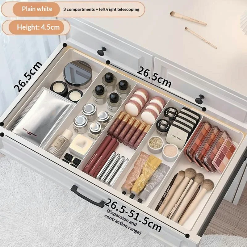 Scatola Organizzatore con 3 Scomparti a Sinistra/Destra Espandibile, Regolabile per Cassetti, Portatrucchi per Cucina e Scrivania - Bianco