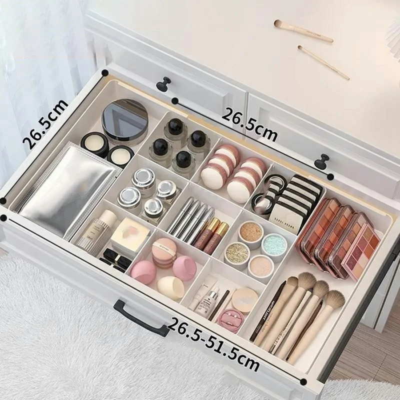 Scatola organizer con 9 scomparti espandibile a sinistra/destra, regolabile, contenitore per trucchi, cucina, scrivania, oggetti vari - Bianco