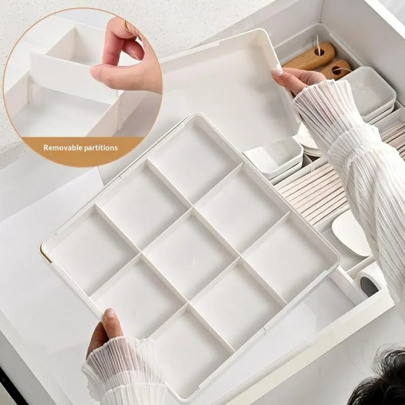 Scatola organizer con 9 scomparti espandibile a sinistra/destra, regolabile, contenitore per trucchi, cucina, scrivania, oggetti vari - Bianco
