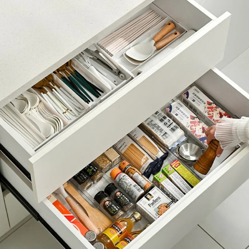 Scatola organizer con 9 scomparti espandibile a sinistra/destra, regolabile, contenitore per trucchi, cucina, scrivania, oggetti vari - Bianco
