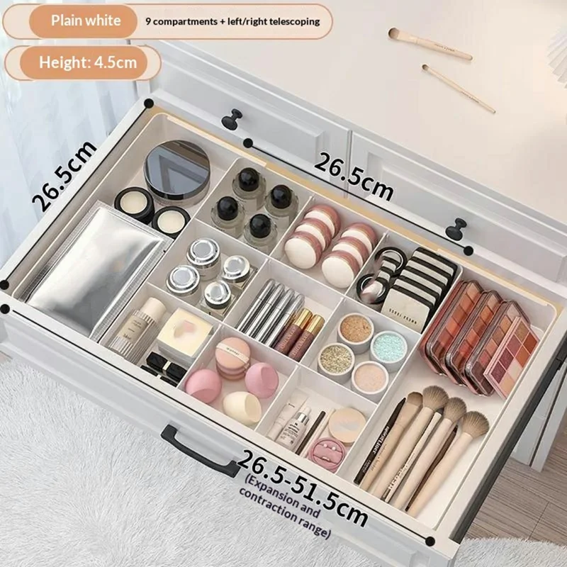 Scatola organizer con 9 scomparti espandibile a sinistra/destra, regolabile, contenitore per trucchi, cucina, scrivania, oggetti vari - Bianco