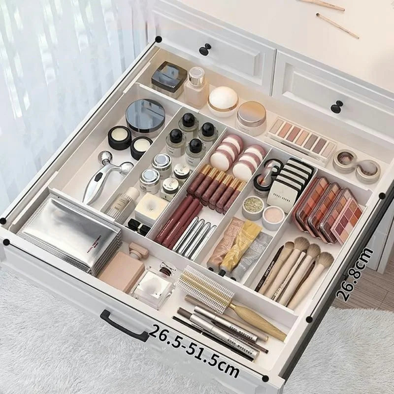 3 Fächer, 4-seitig erweiterbarer Schubladenorganizer, verstellbare Aufbewahrungsbox für Make-up, Kosmetik, Küche, Schreibtisch – Weiß
