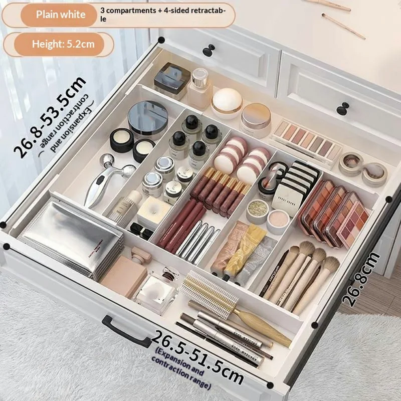 3 Fächer, 4-seitig erweiterbarer Schubladenorganizer, verstellbare Aufbewahrungsbox für Make-up, Kosmetik, Küche, Schreibtisch – Weiß