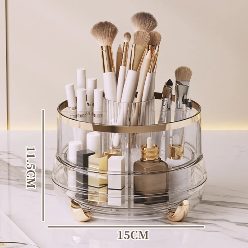 360 Degree Rotating Makeup Organizer Without Lip 5 Compartments Swivel Storage Box Desktop Cosmetic Holder for Brushes Lipstick - Transparent