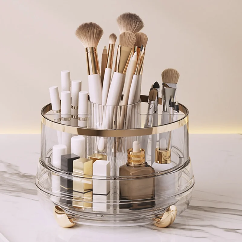 360 Degree Rotating Makeup Organizer Without Lip 5 Compartments Swivel Storage Box Desktop Cosmetic Holder for Brushes Lipstick - Transparent