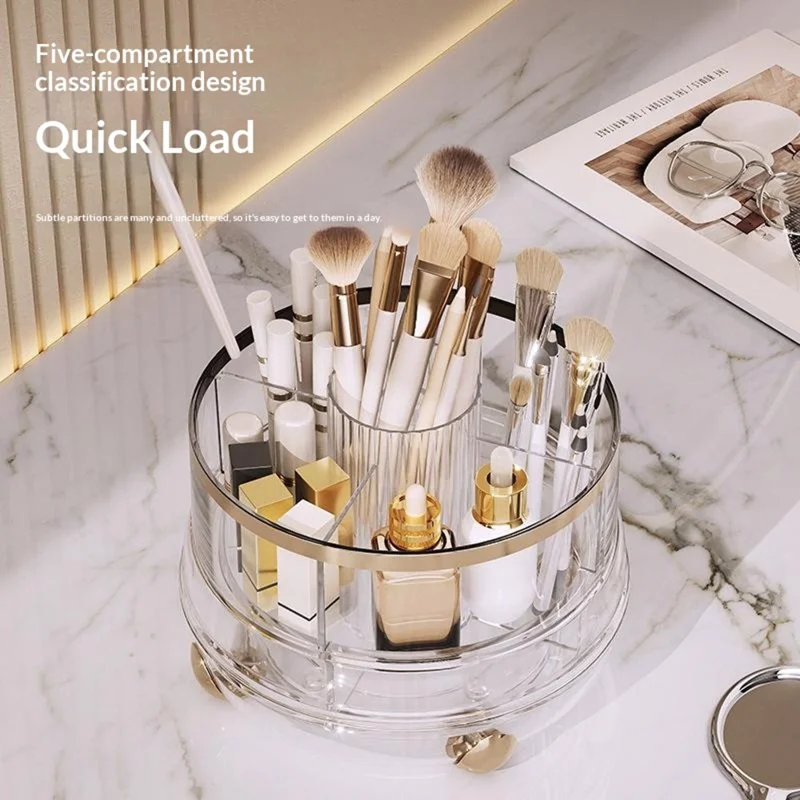 360 Degree Rotating Makeup Organizer Without Lip 5 Compartments Swivel Storage Box Desktop Cosmetic Holder for Brushes Lipstick - Transparent