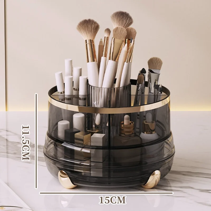 360-stopniowy obracający się organizator kosmetyczny bez wypustki, 5 kompartmentów, obrotowe pudełko na kosmetyki, uchwyt na pędzle i szminki - szary