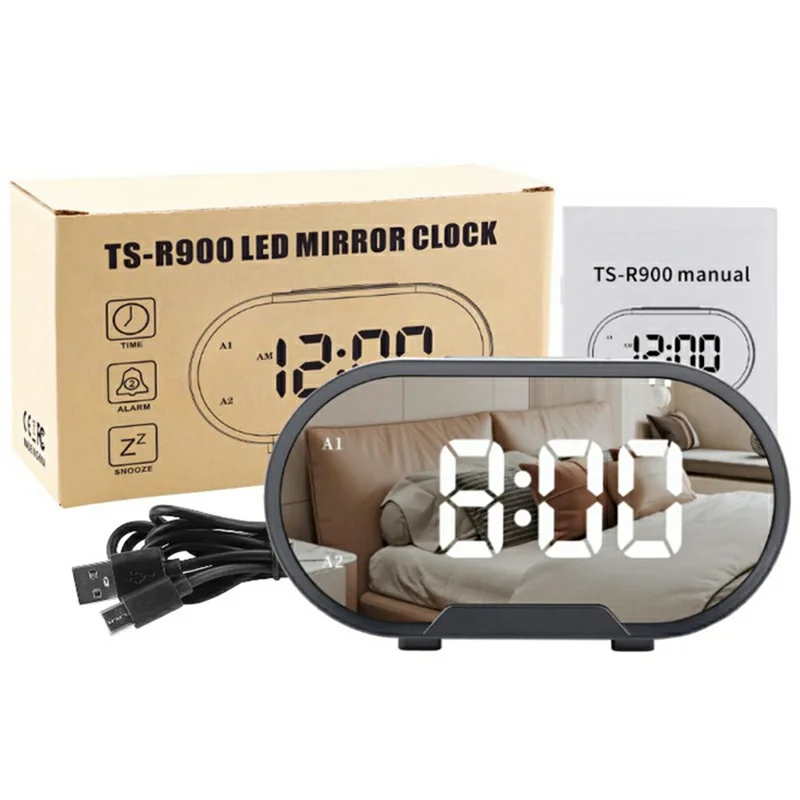 TS-R900 5.5 Inch LED Mirror Clock Dual USB Charging Stepless Brightness Digital Alarm Clock for Bedroom - Black