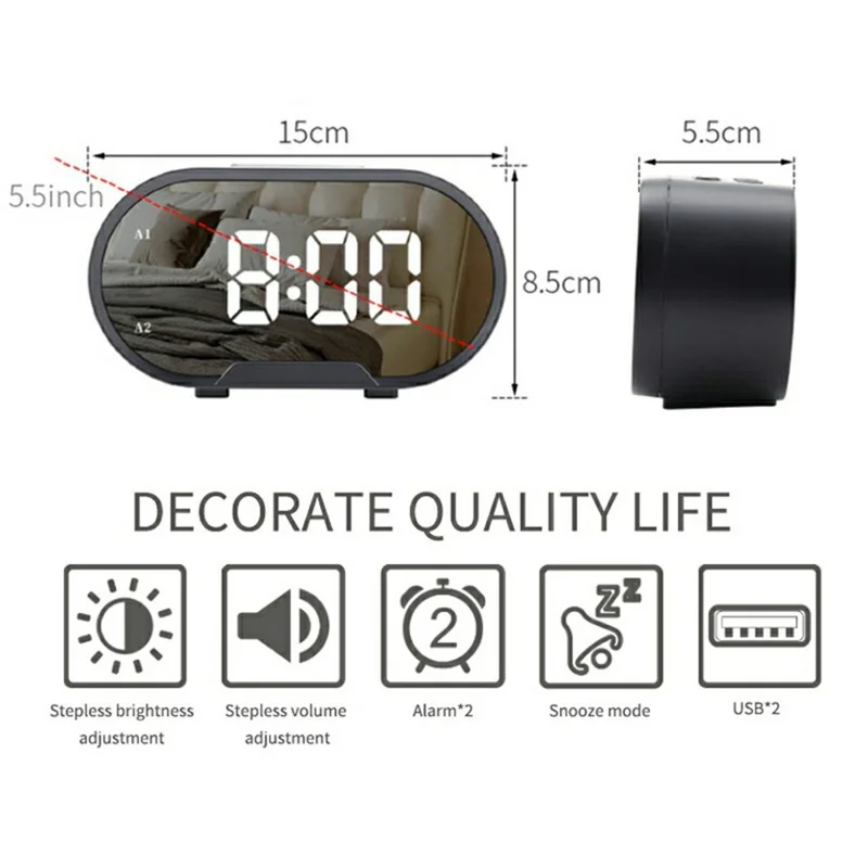 TS-R900 5.5 Inch LED Mirror Clock Dual USB Charging Stepless Brightness Digital Alarm Clock for Bedroom - Black