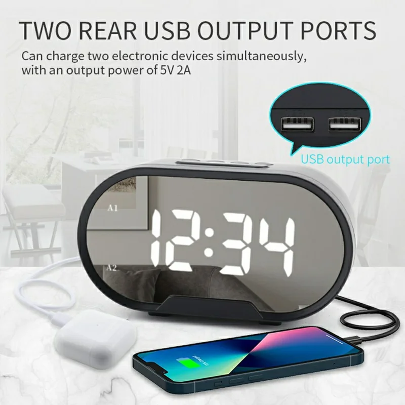 TS-R900 5.5 Inch LED Mirror Clock Dual USB Charging Stepless Brightness Digital Alarm Clock for Bedroom - Black