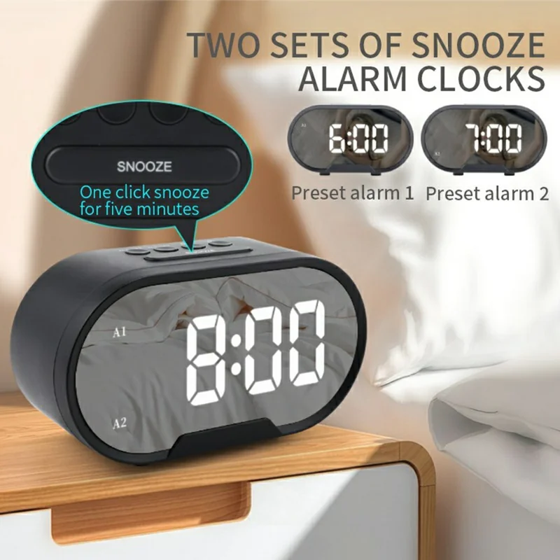 TS-R900 5.5 Inch LED Mirror Clock Dual USB Charging Stepless Brightness Digital Alarm Clock for Bedroom - Black